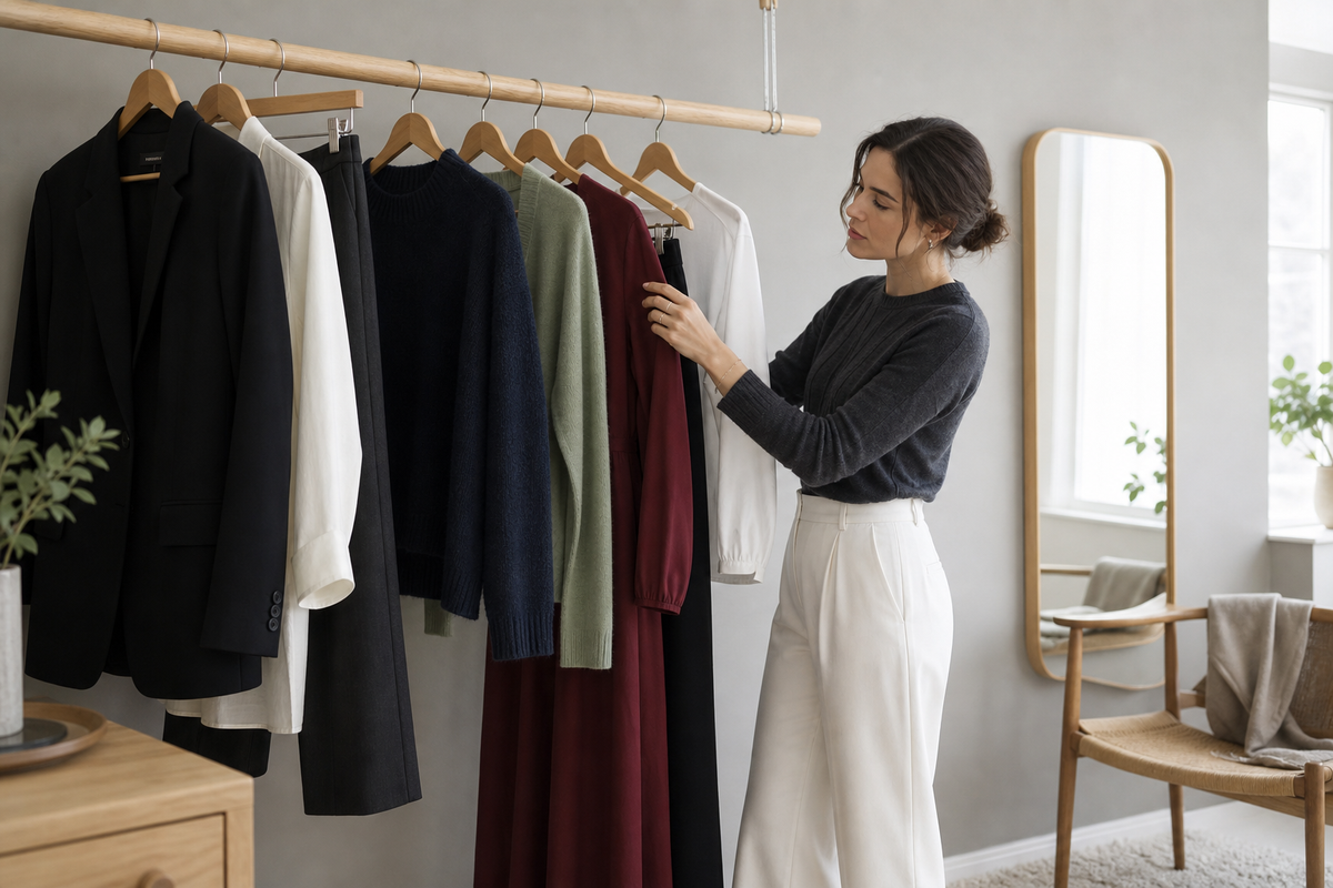 Woman arranging black, ivory, charcoal, navy, sage, and burgundy garments on a minimal clothing rail