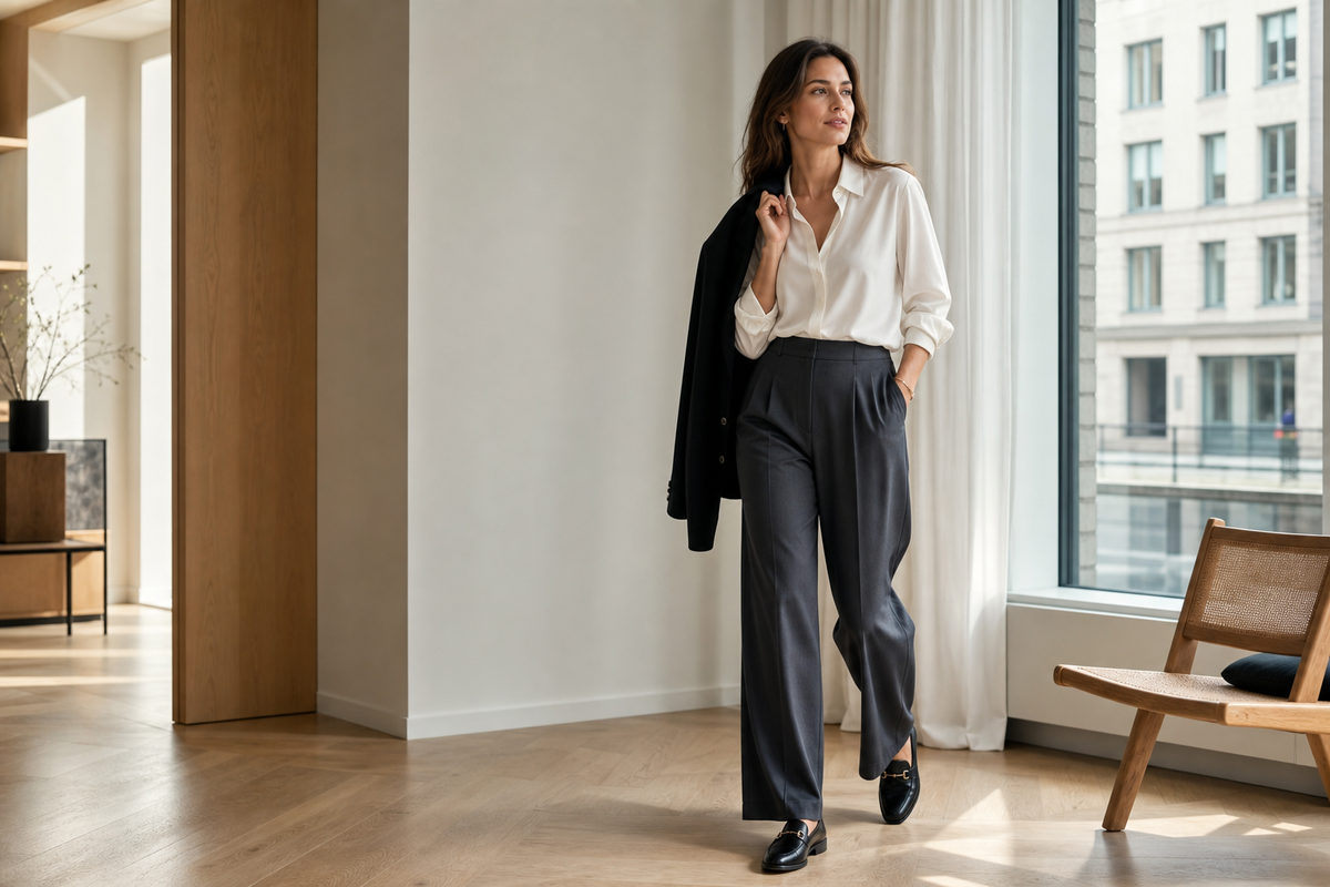 Woman styling charcoal wide-leg pants with an ivory shirt, black blazer, and loafers