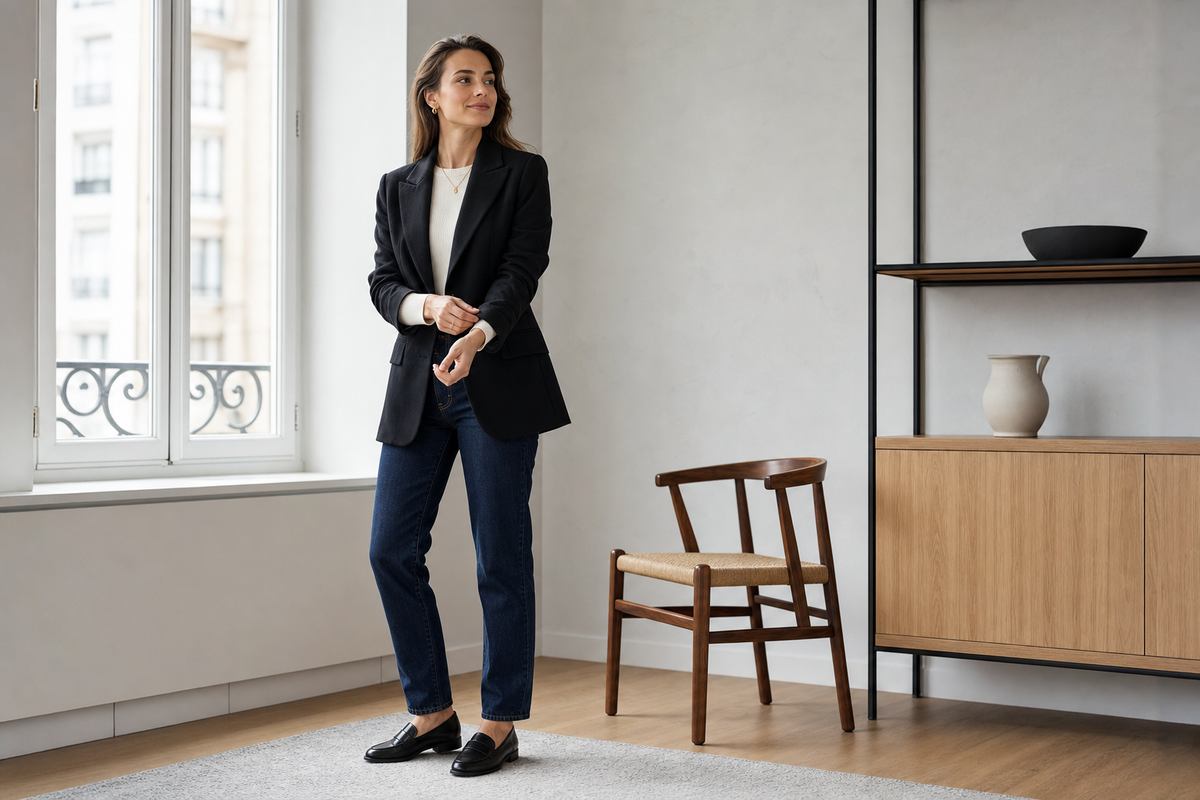 Woman wearing a black blazer with an ivory knit, dark straight jeans, and black loafers