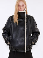 fano Warm Shearling High Collar Double Breasted Loose Fit Women Black Leather Jackets