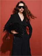 audreyyang Soft Lyocell Blend V-neck Long Sleeve Slim Fit Black Women Midi Dresses