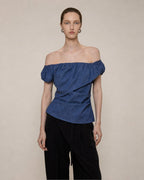 Gotodays Wrinkle Resistant Minimalist Slim Asymmetrical Boat Neck Women Blue Blouses