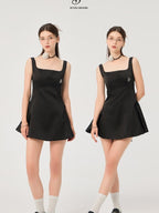 ikyou Waist Cinch Casual A Line Square Neck Sleeveless Black Midi Dresses