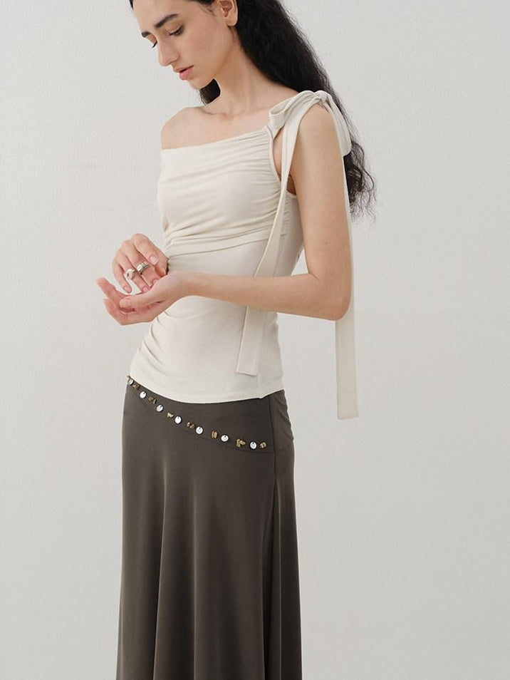 someonesometimes Slim Fit Knit Off Shoulder Casual Solid Apricot Gray Acrylic Stretch Women Top