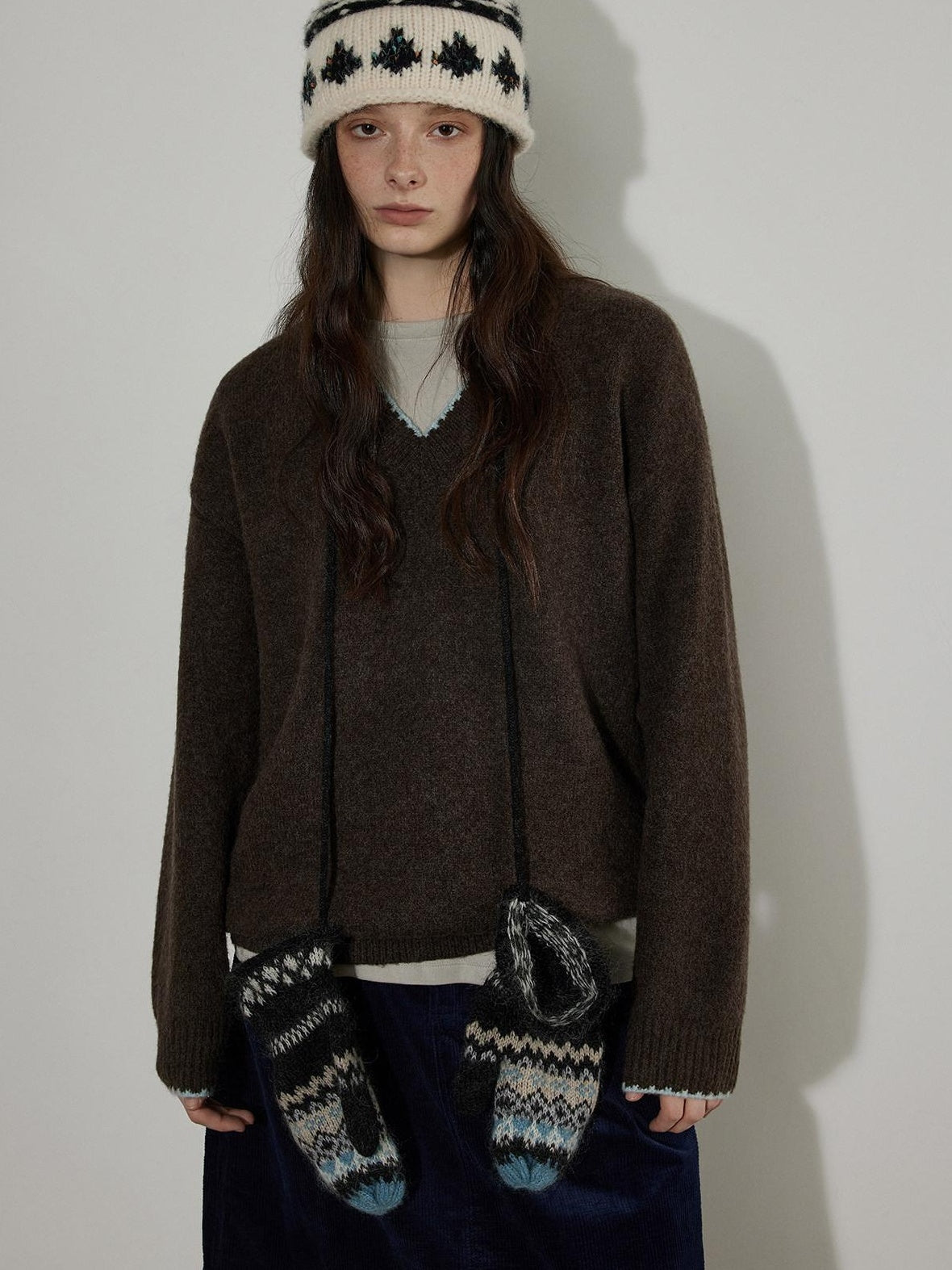 Lofi choose Soft Acrylic V-neck Loose Fit Office Knit Pullover Grey Brown Sweaters
