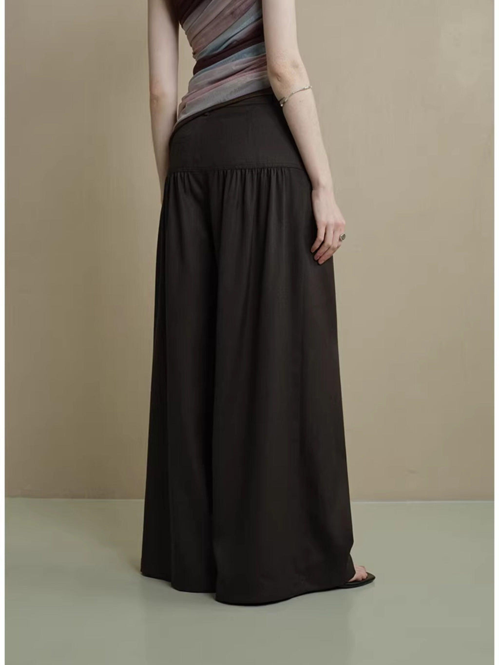 someonesometimes Comfort Minimalist Elastic Natural Waist Office Dark Brown Wide Leg Pants
