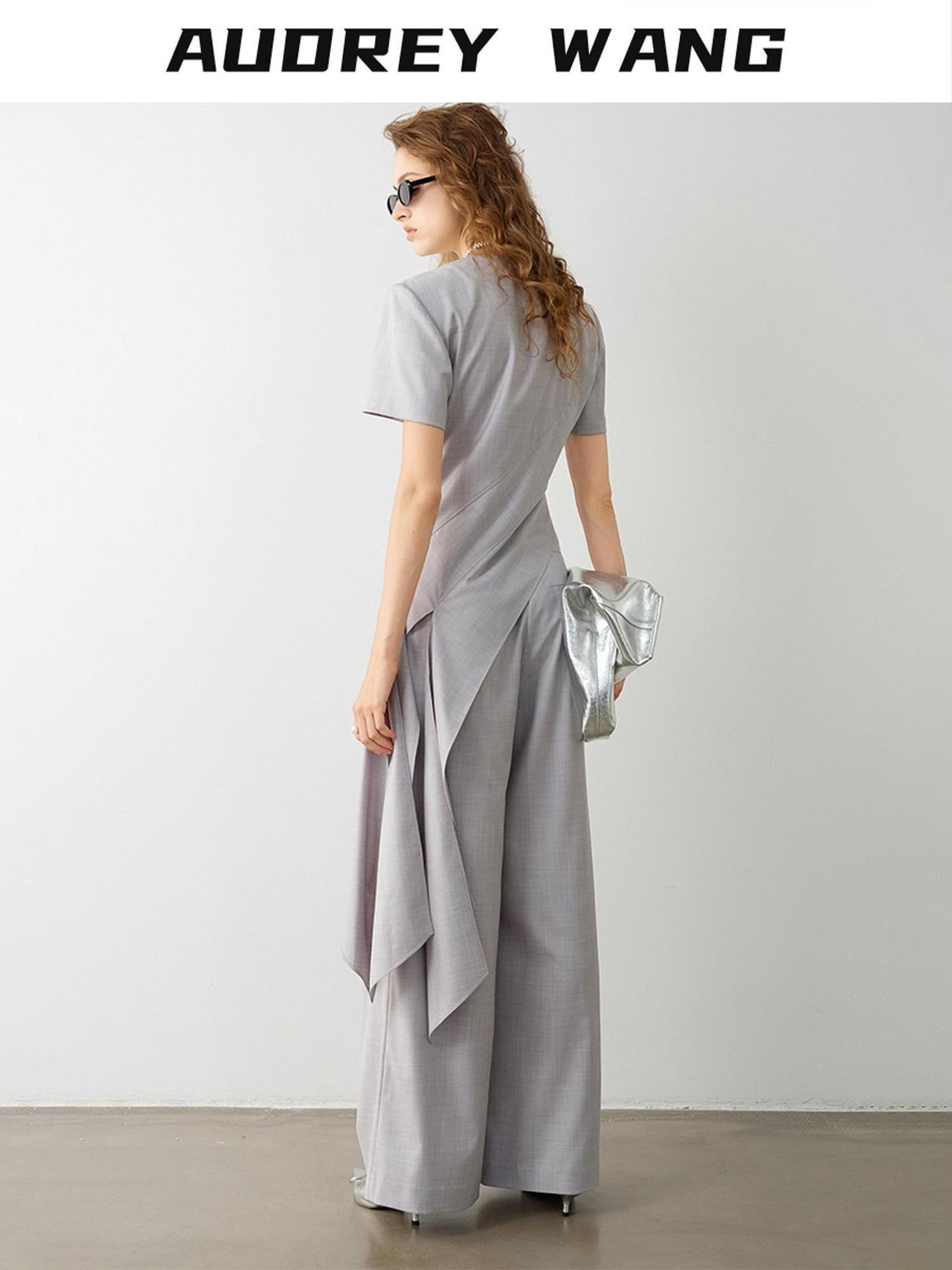 audreyyang Eco Viscose Relaxed Minimalist Workwear Natural Waist Zip Women Wide Leg Pants