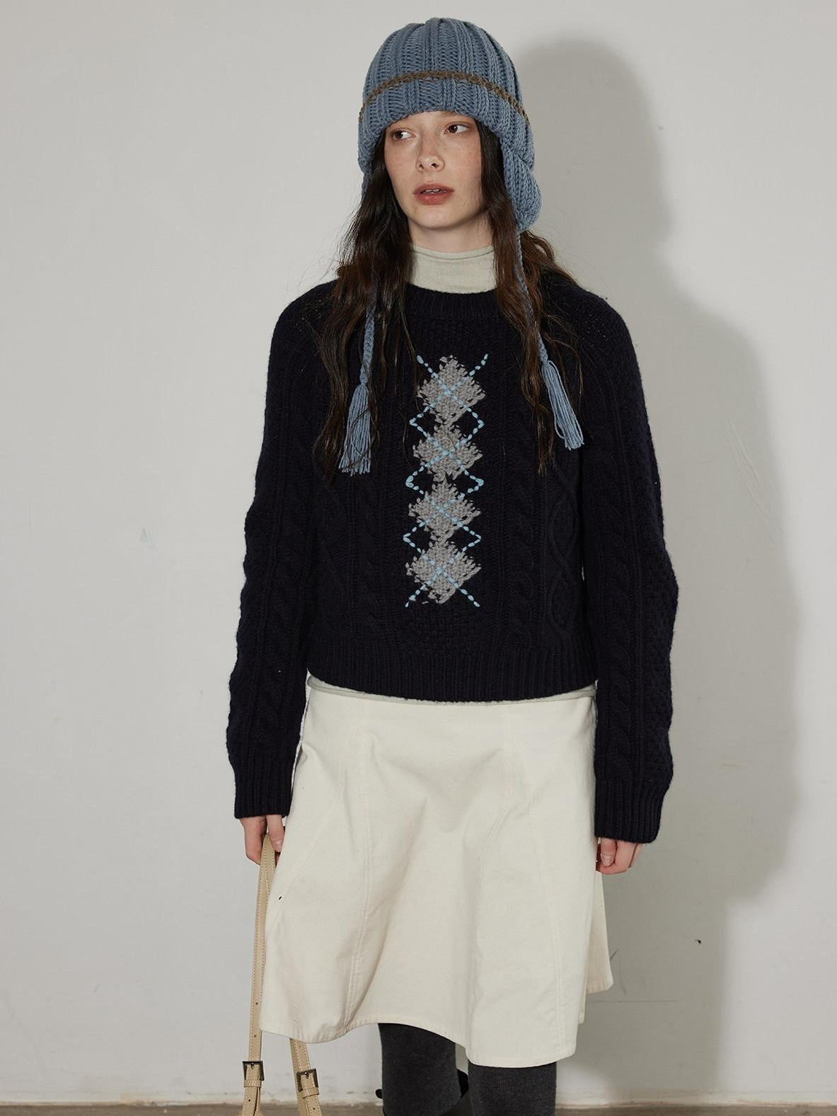 Lofi choose Soft Acrylic Crewneck Loose Fit Diamond Pattern Commuter Knitwear Sweaters