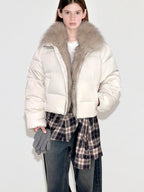 fano 90 Percent White Duck Down Warm Short Stand Collar Plaid Women Down Jackets