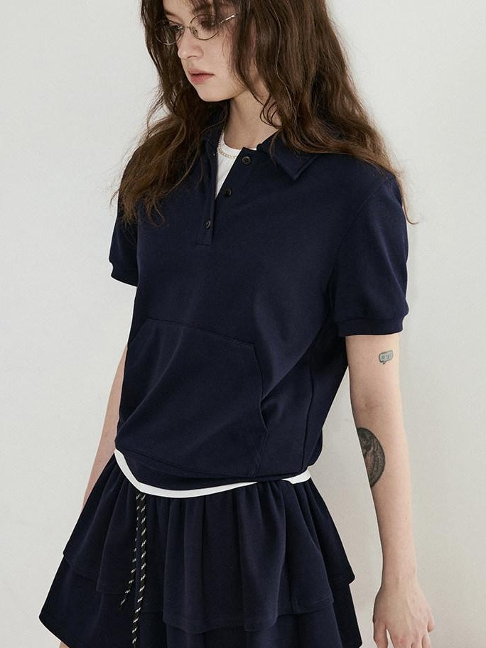 fano Navy Polo Short Sleeve Two Piece Pullover Mini Skirt For Women Top & Skirt Sets