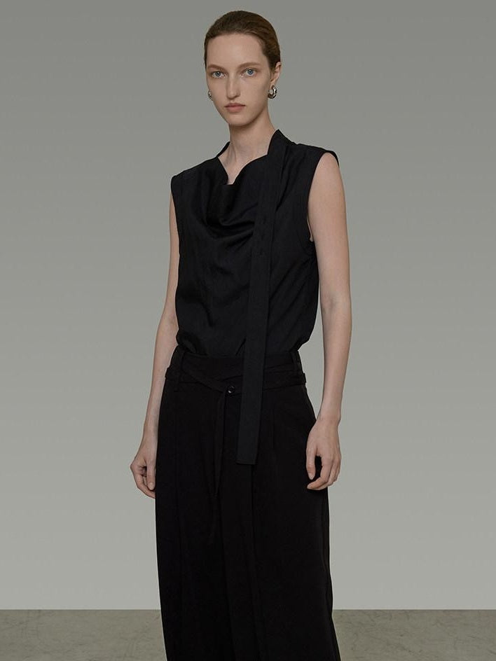 unspoken Breathable Viscose Tie Neck Sleeveless Loose Commuter Chic Women Black Blouses