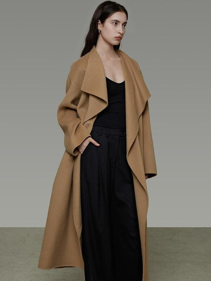 unspoken Thick 100 Percent Sheep Wool Long Loose Lapel Minimalist Sand Brown Wool Coats