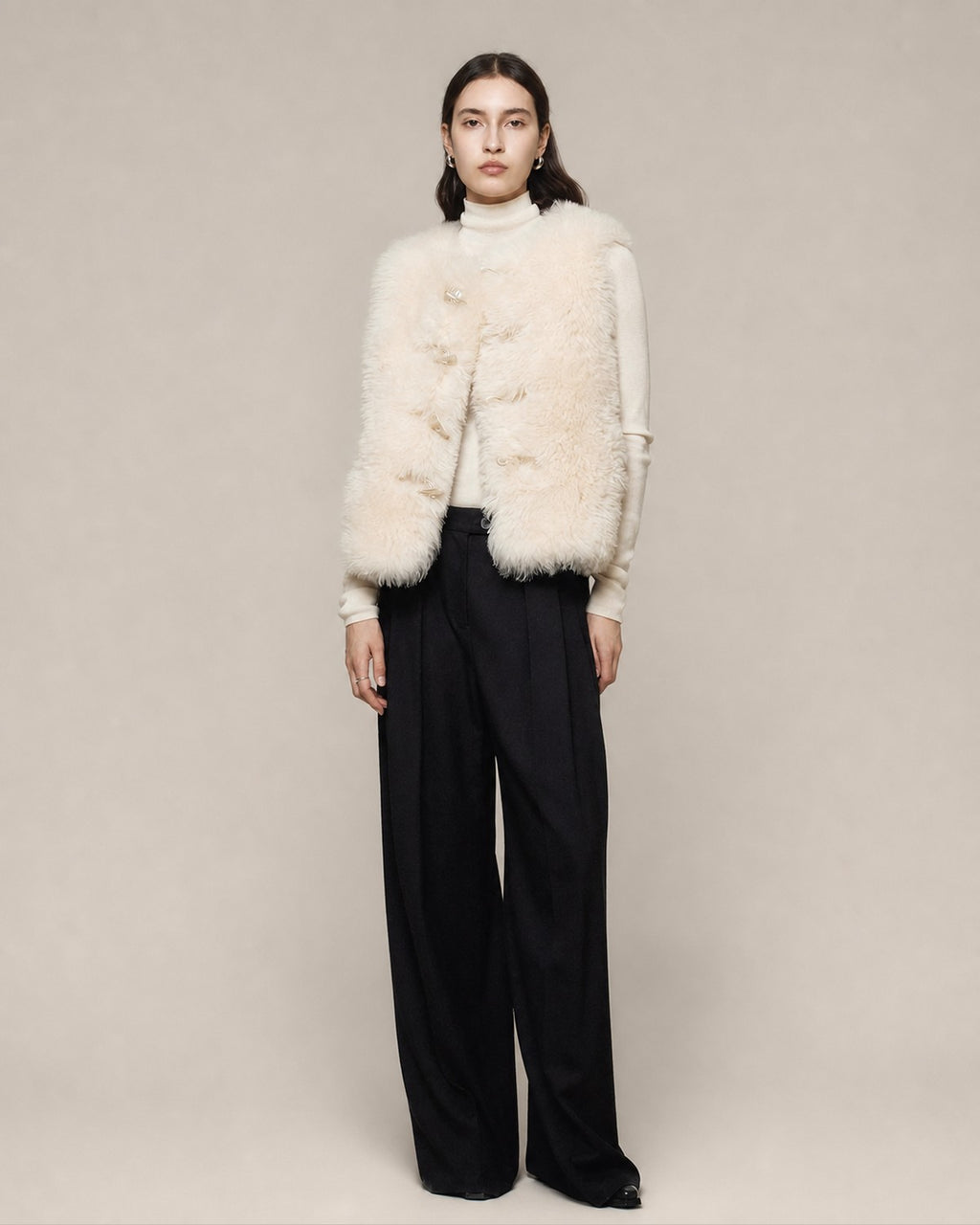Gotodays Wool Fleece Lined Single Button V-neck Tailored Workwear Beige Cropped Jackets