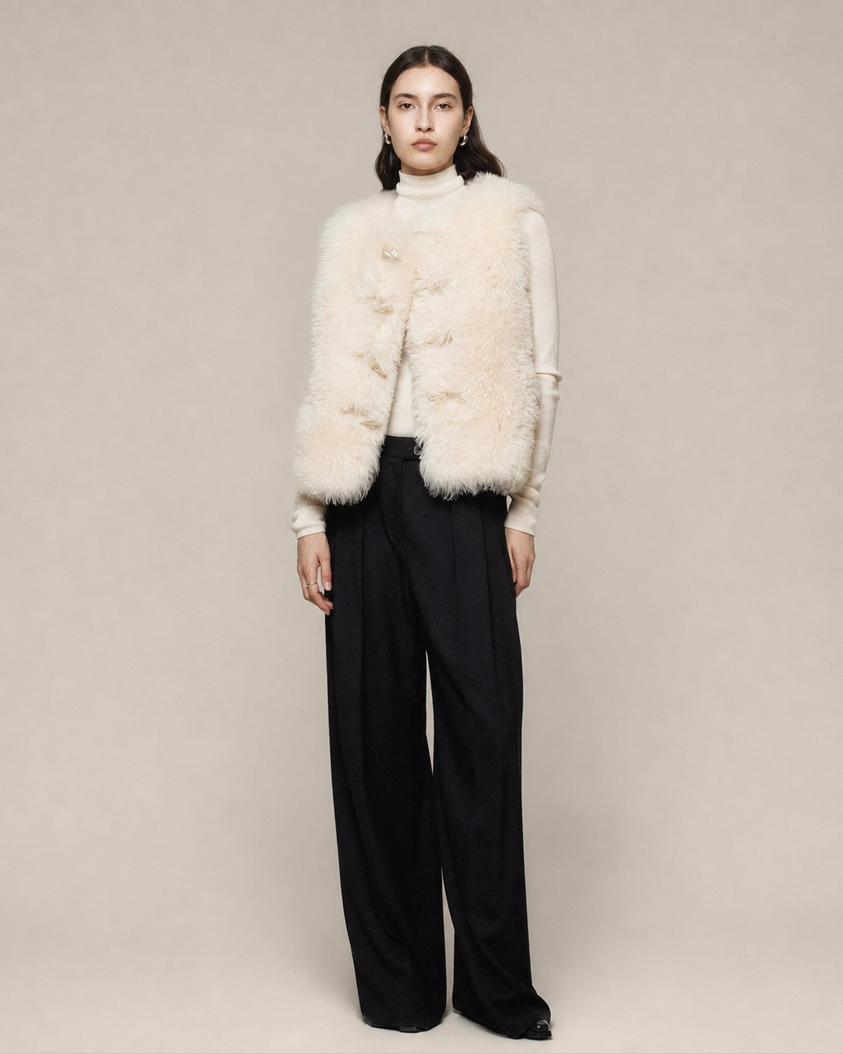 Gotodays Wool Fleece Lined Single Button V-neck Tailored Workwear Beige Cropped Jackets
