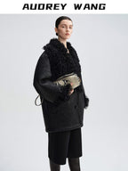 audreyyang Warm Wool Shearling Collar Patchwork Loose Midlength Women Black Long Coats