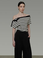 unspoken Soft Cotton Knit Striped Loose Minimalist Women Bardot Off Shoulder Crop Tops