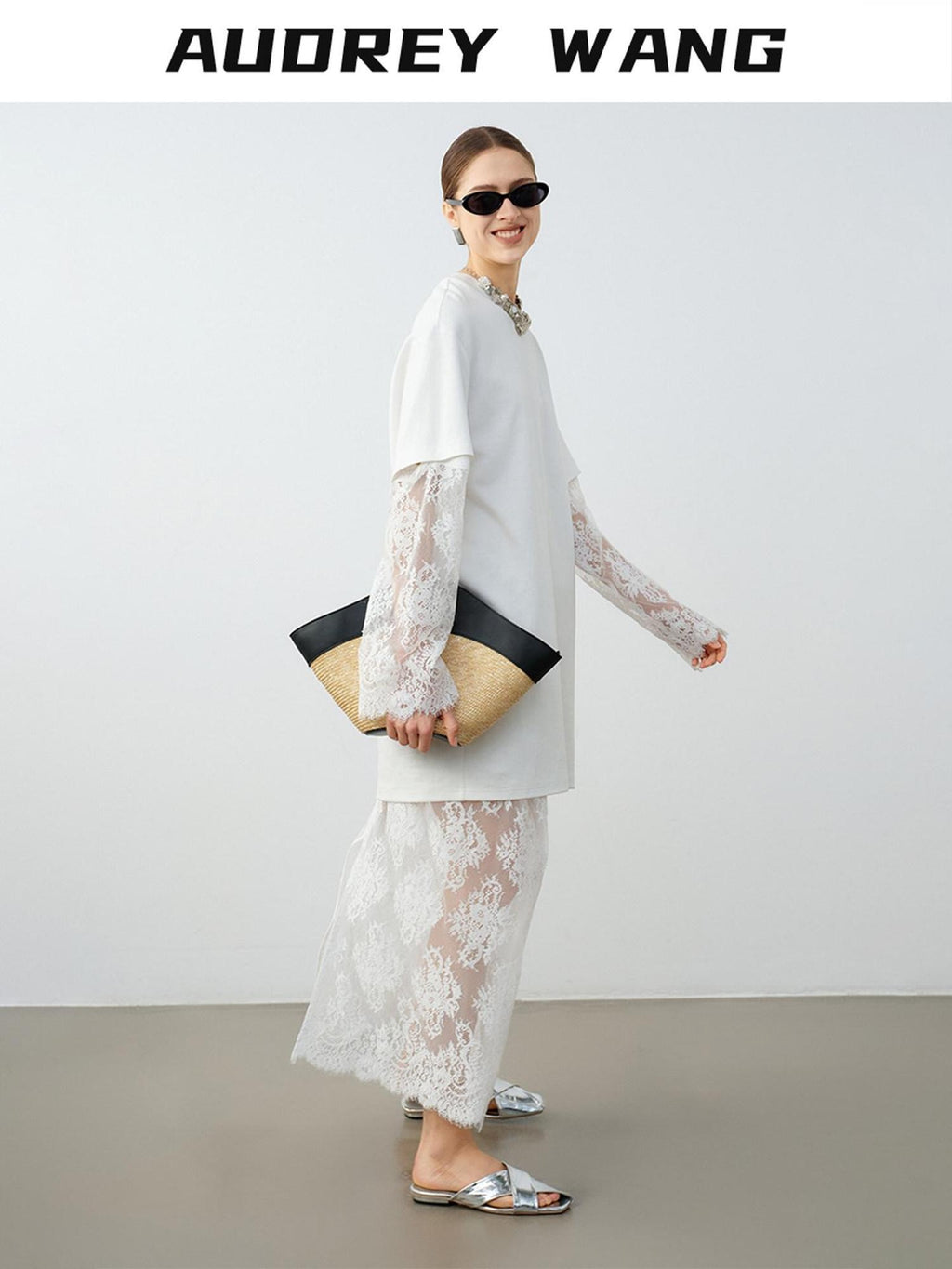 audreyyang Lace Trim Cotton Loose Aline Skirt Short Sleeve Casual Women Top & Skirt Sets
