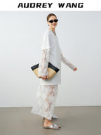 audreyyang Lace Trim Cotton Loose Aline Skirt Short Sleeve Casual Women Top & Skirt Sets
