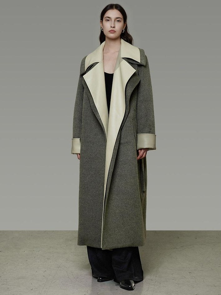 unspoken Minimal Commuter Oversized Long Notch Collar Olive Green Wool Blend Wool Coats