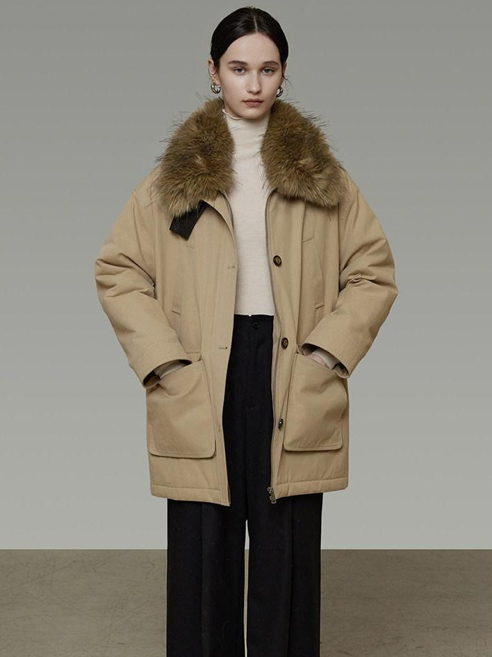 unspoken Thick Cotton Oversized Midlength Single Breasted Khaki Puffer Jackets