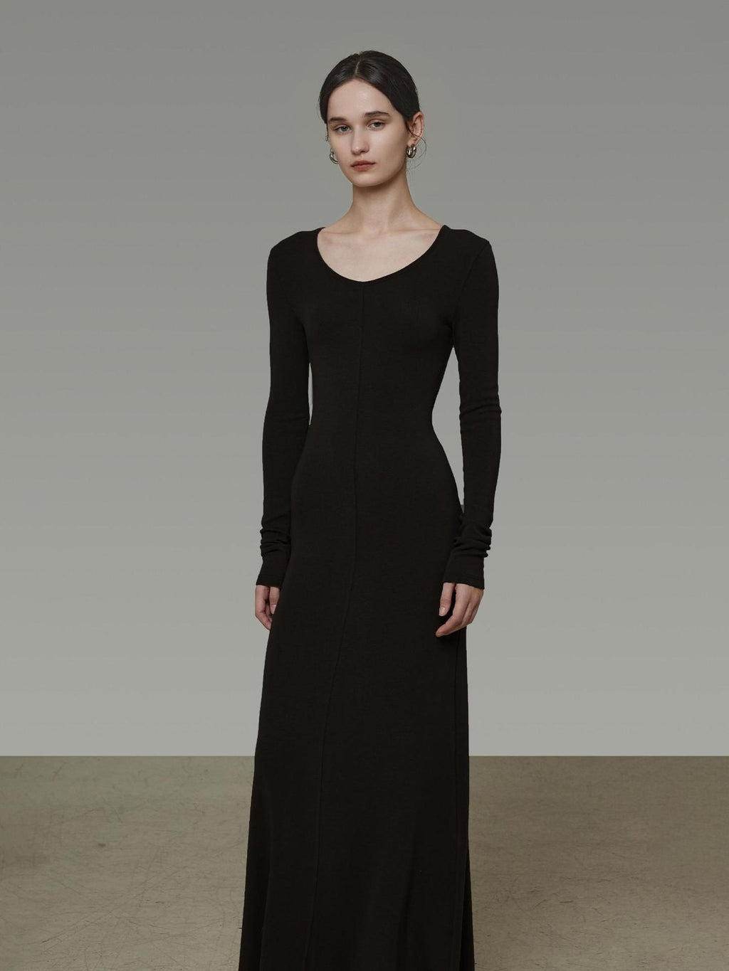 unspoken Breathable Minimalist High Waist Aline Knit Long Sleeve Women Black Maxi Dresses