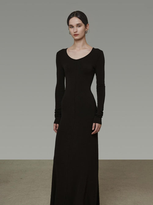unspoken Breathable Minimalist High Waist Aline Knit Long Sleeve Women Black Maxi Dresses