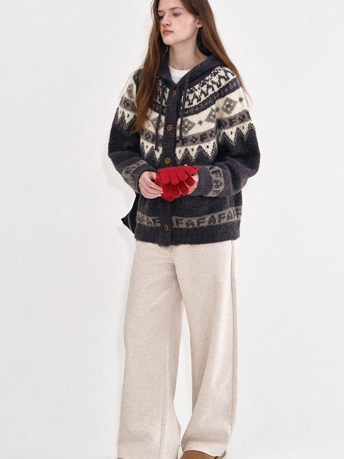 fano Cozy Hooded Jacquard Loose Fit Casual Long Sleeve Knit For Young Women Cardigans