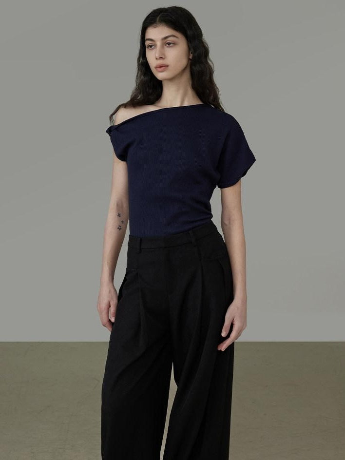 unspoken 3D Detail Slim Fit Minimal Commuter Asymmetric Neck Navy Off Shoulder Crop Tops