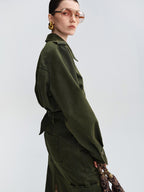 audreyyang Thick Cotton Cinched Waist Vintage Long Sleeve Army Green Top & Skirt Sets