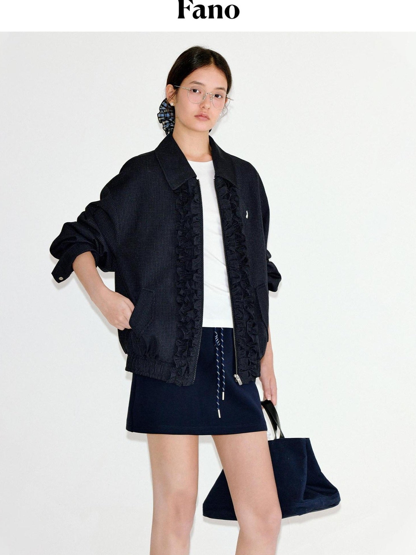 fano Vintage Black Grey Plaid Ruffle Loose Fit Viscose Zipper Women Bomber Jackets