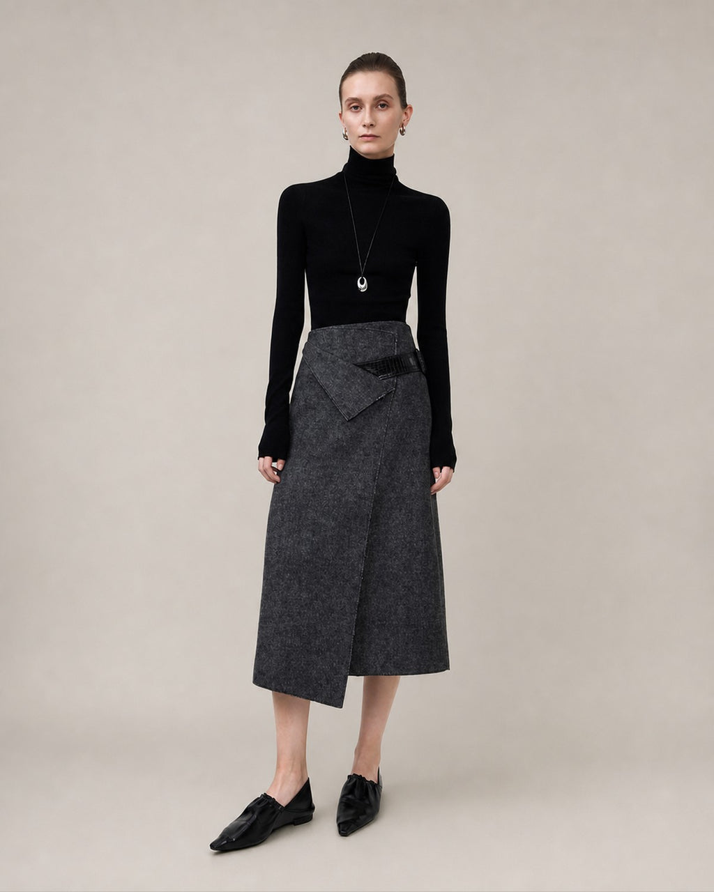 Gotodays Wool Blend Lined Asymmetric Aline Mid Waist Minimal Workwear Women Midi Skirts