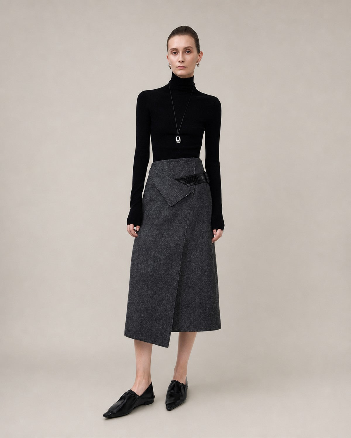 Gotodays Wool Blend Lined Asymmetric Aline Mid Waist Minimal Workwear Women Midi Skirts