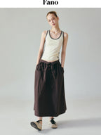 fano Soft 100 Percent Cotton Aline Mid Waist Flowy Korean Plain Brown Maxi Skirts