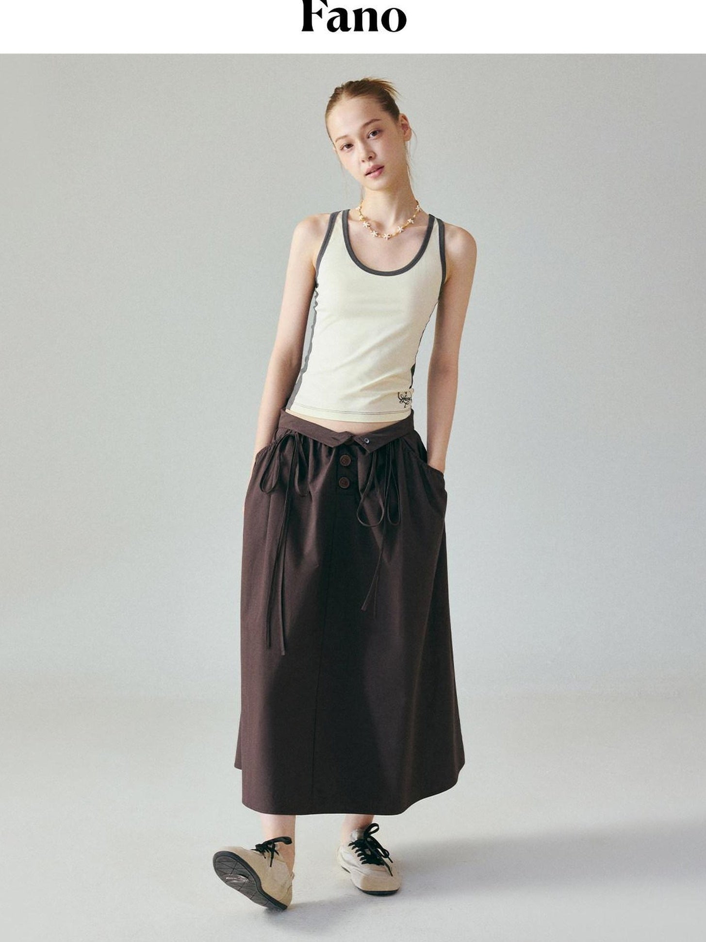 fano Soft 100 Percent Cotton Aline Mid Waist Flowy Korean Plain Brown Maxi Skirts