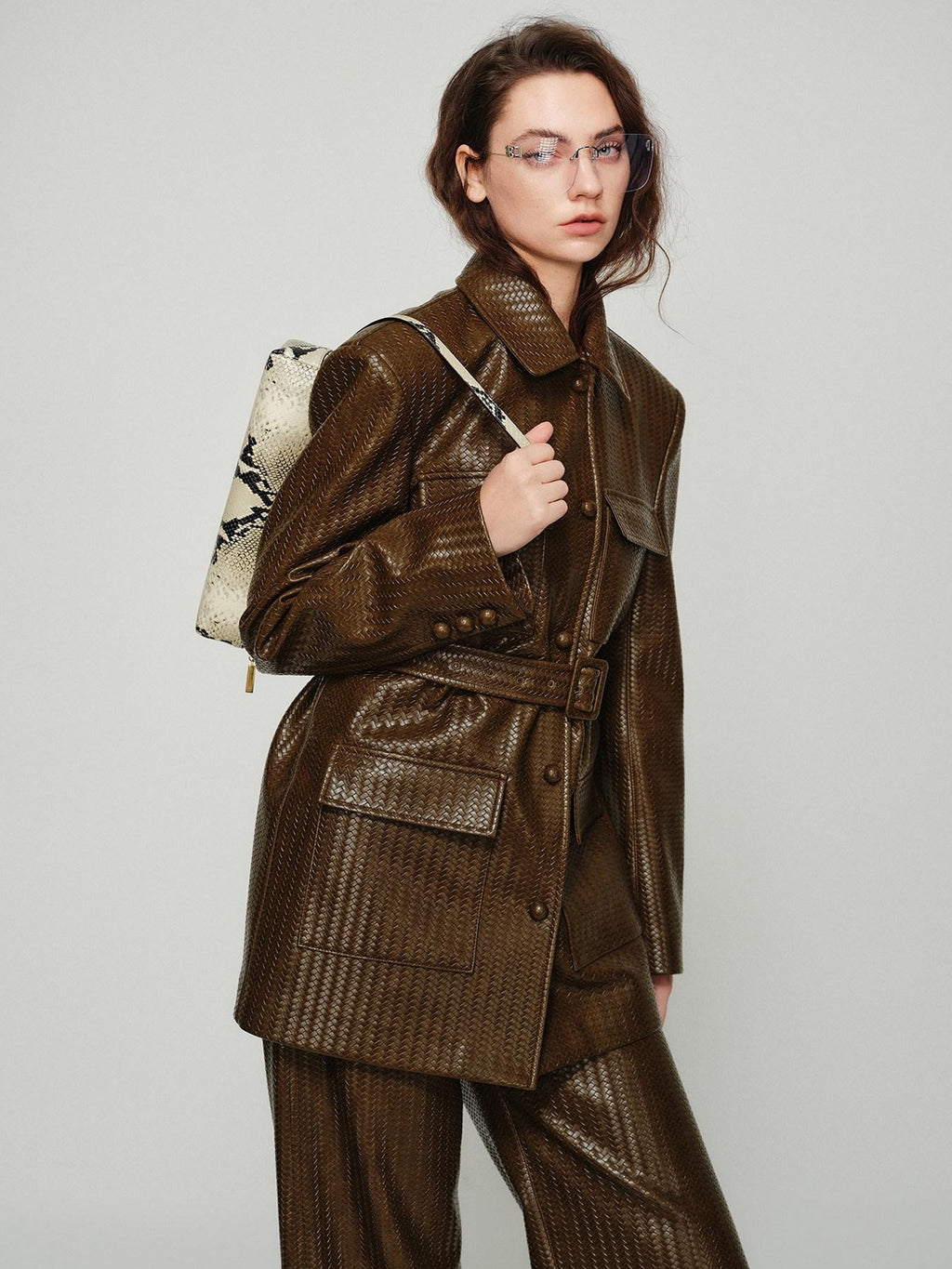 audreyyang Pu Leather Multi Pocket Loose Fit Lapel Button Cuff Burgundy Leather Jackets