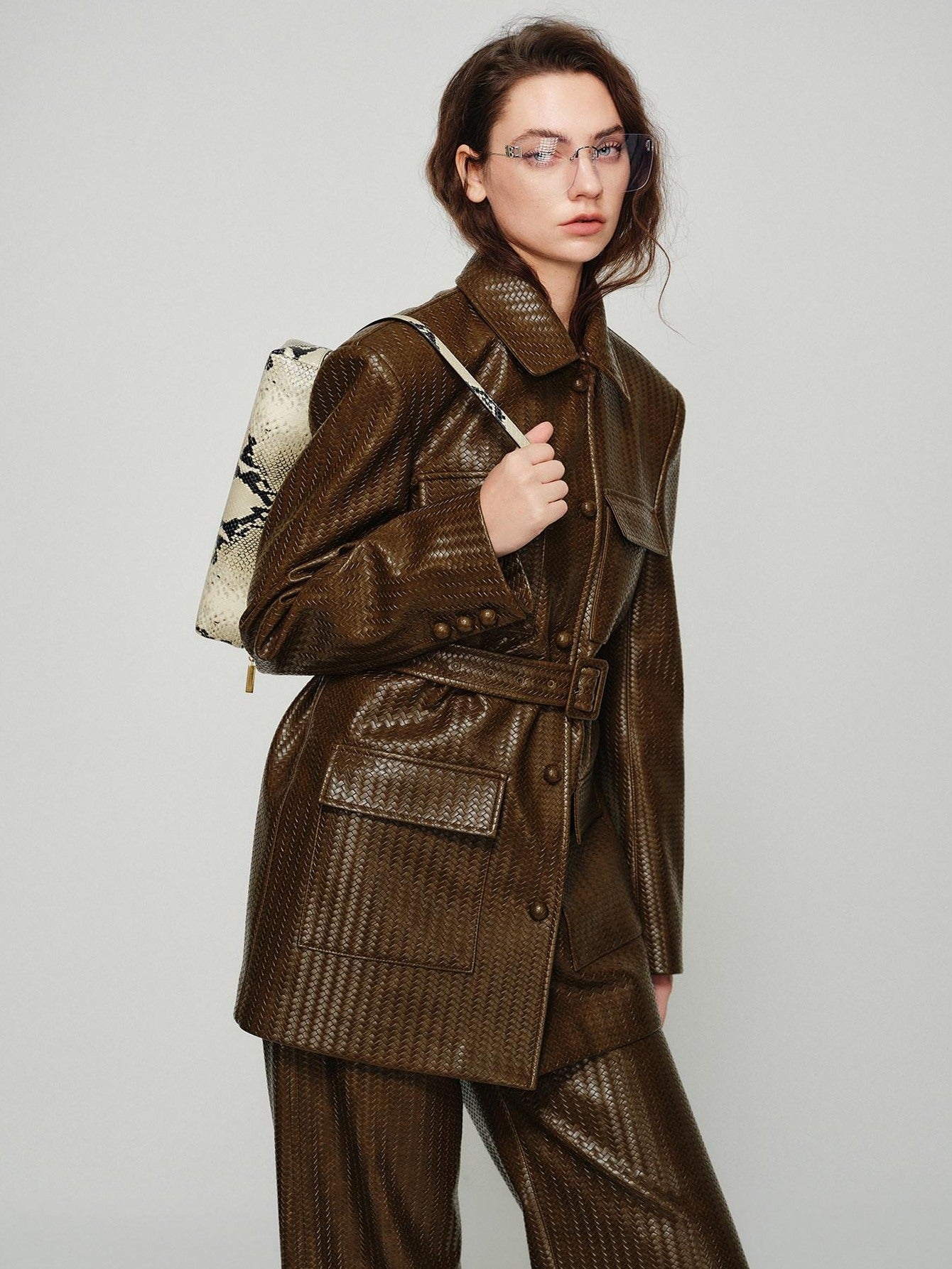audreyyang Pu Leather Multi Pocket Loose Fit Lapel Button Cuff Burgundy Leather Jackets