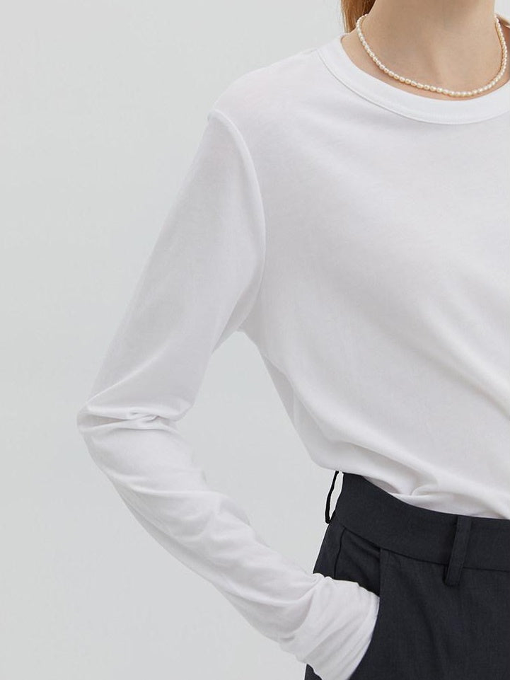 fano Minimalist 100 Percent Cotton Loose Crew Neck Women Basic Long Sleeve T-Shirts