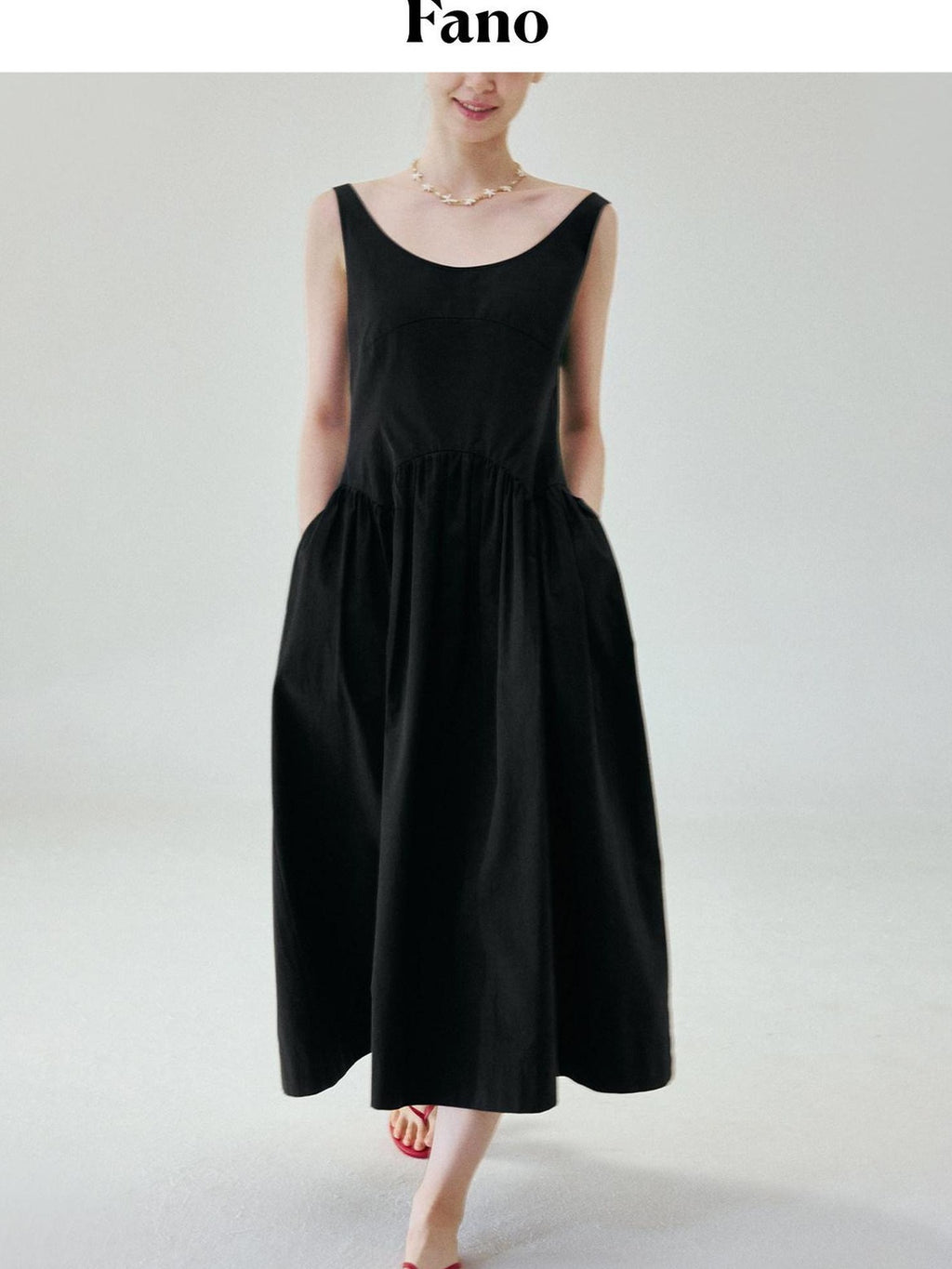 fano Pure Cotton U Neck Sleeveless A Line Korean Office Dress Women Black Maxi Dresses