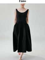 fano Pure Cotton U Neck Sleeveless A Line Korean Office Dress Women Black Maxi Dresses