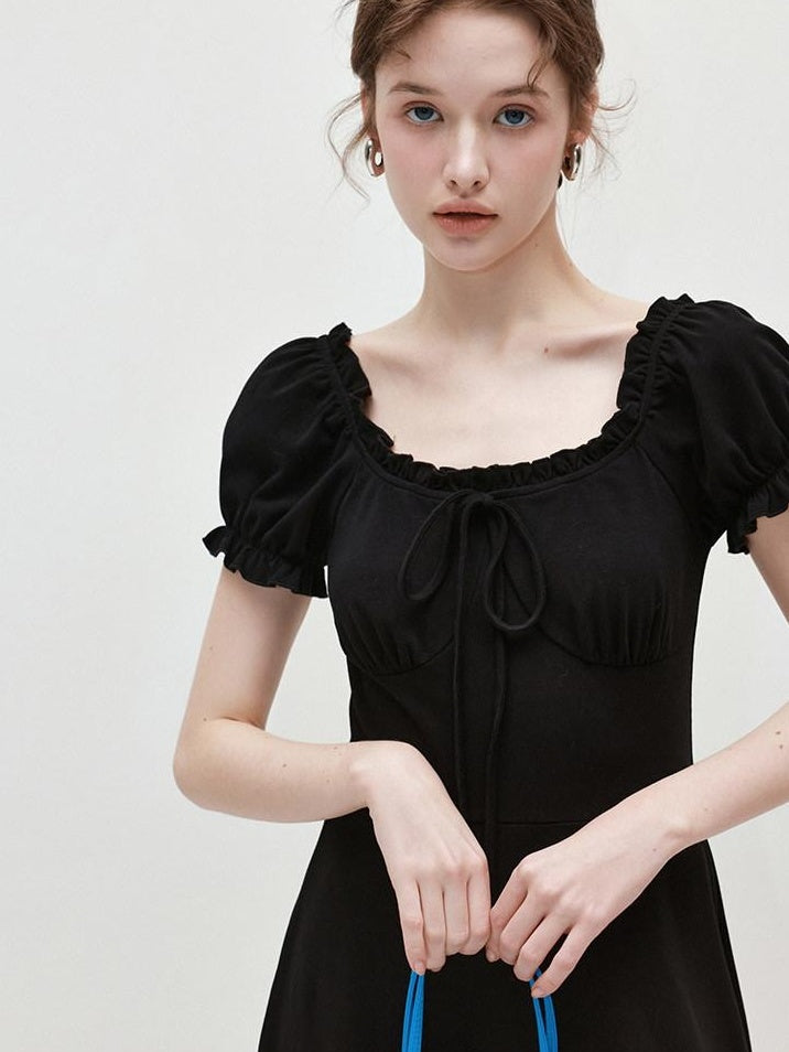 fano Structured High Waist A Line Square Neck Cotton Short Sleeve Black Maxi Dresses