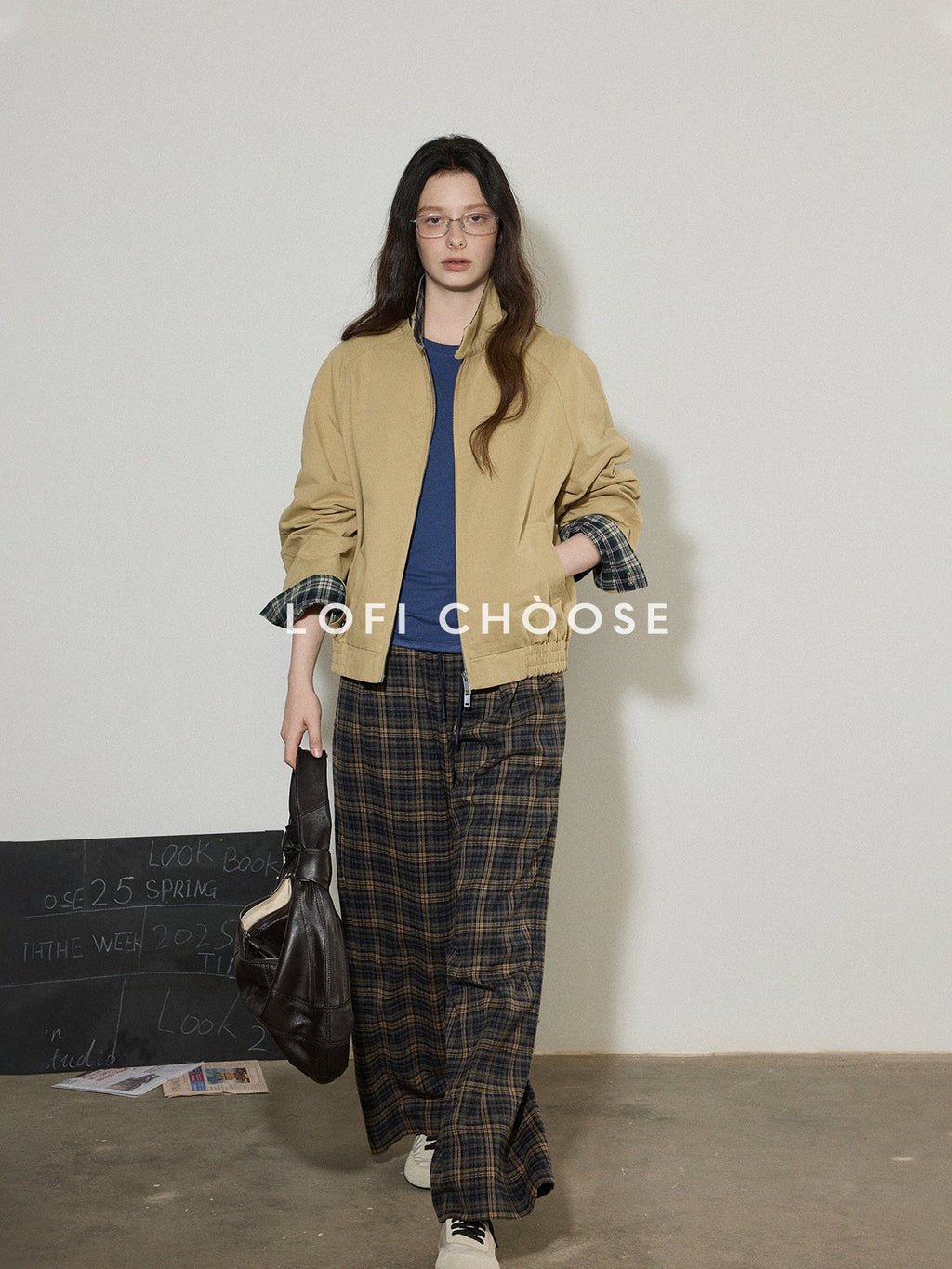 Lofi choose Pure Cotton Office Loose Raglan Zipper Plaid Women Khaki Cropped Jackets