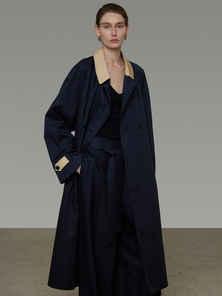unspoken Minimal Commuter Cotton Loose Fit Single Breasted Long Navy Trench Coats