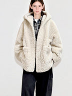 fano Warm Hooded Zip Closure Oversized Casual Boxy Fit Young Women Beige Short Coat