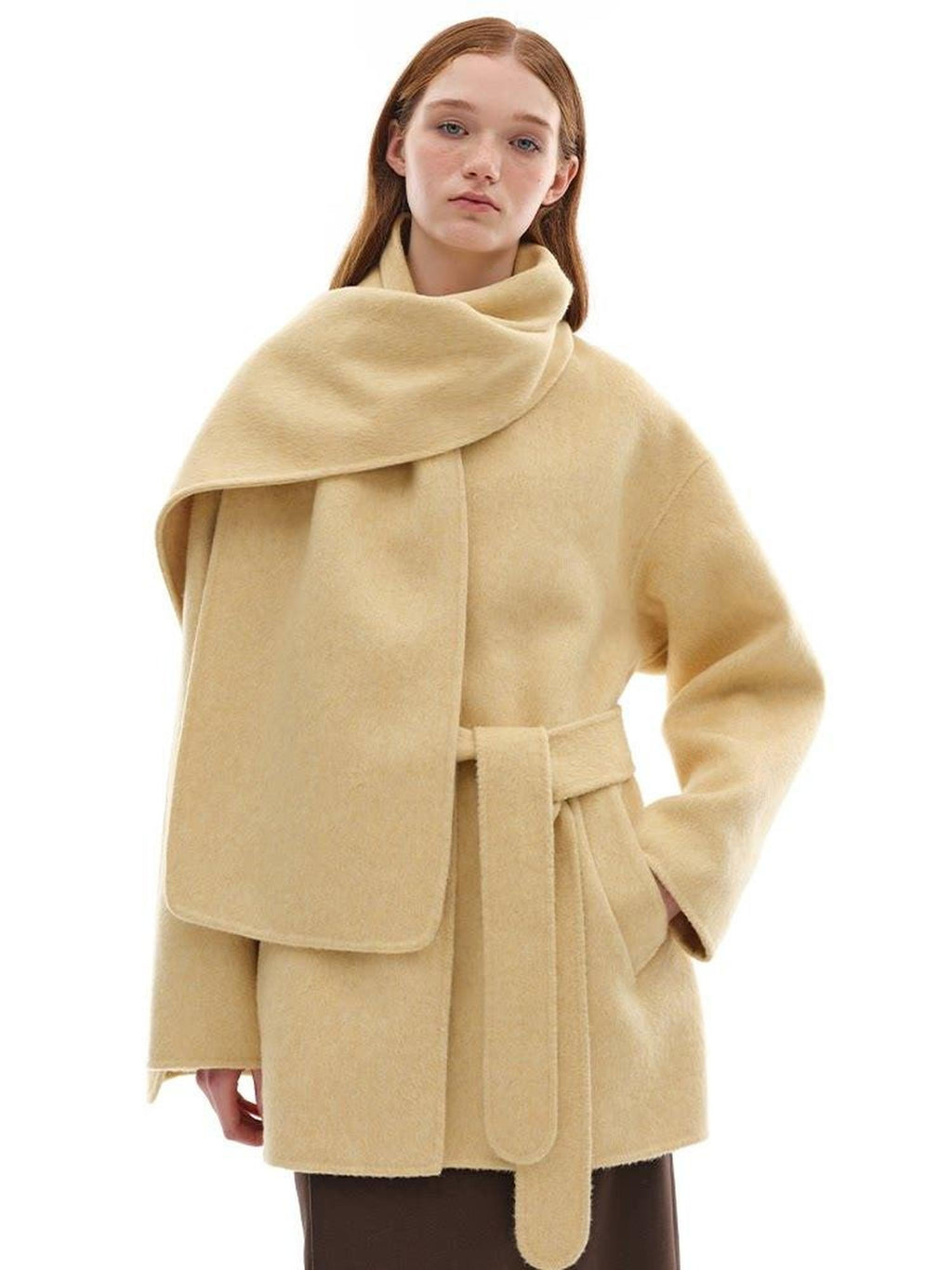 someone sometimes Minimalist Belted Roundneck Single Breasted 50 Percent Wool Yellow Wool Coats