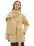 someone sometimes Minimalist Belted Roundneck Single Breasted 50 Percent Wool Yellow Wool Coats