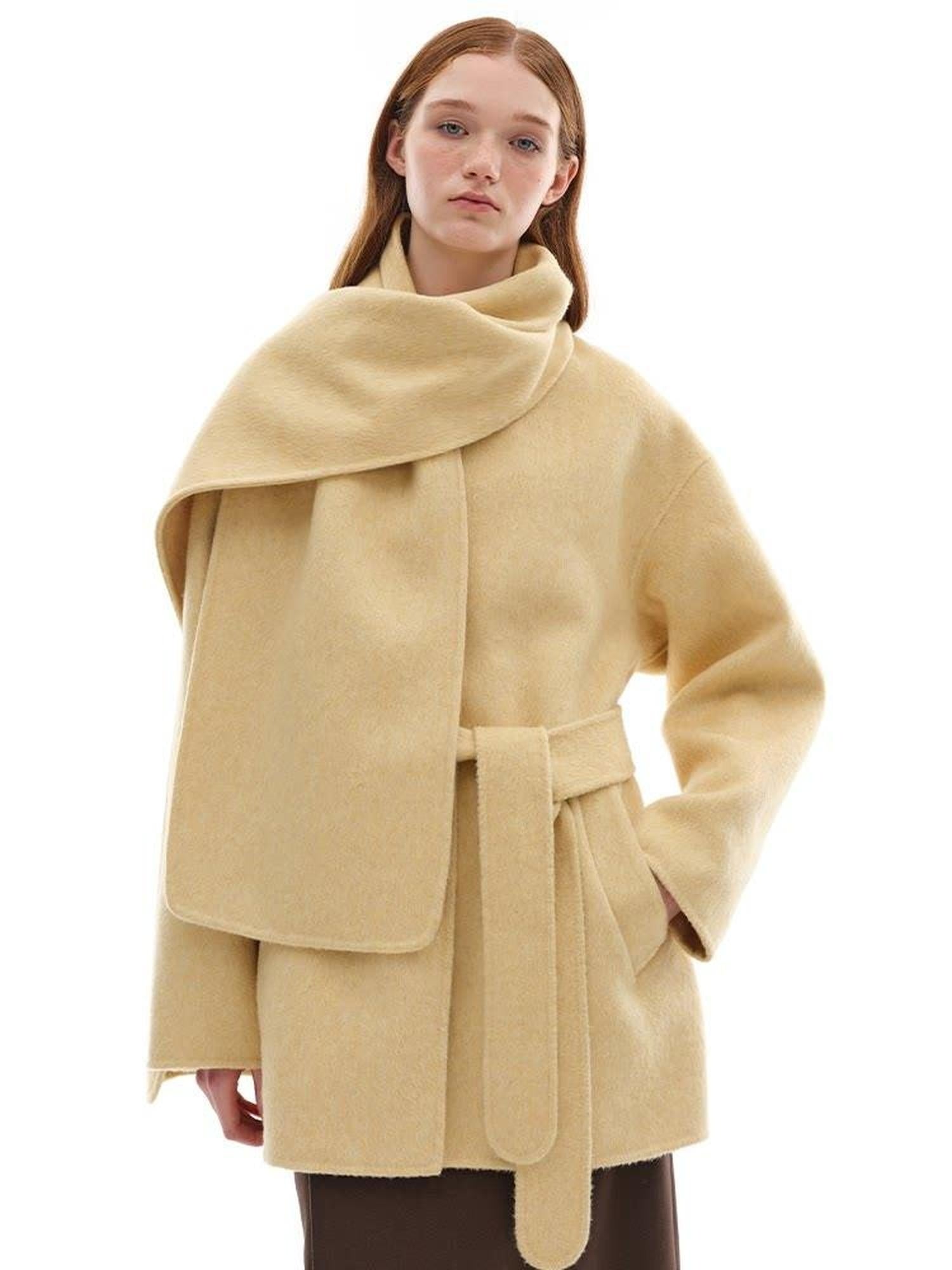 someone sometimes Minimalist Belted Roundneck Single Breasted 50 Percent Wool Yellow Wool Coats