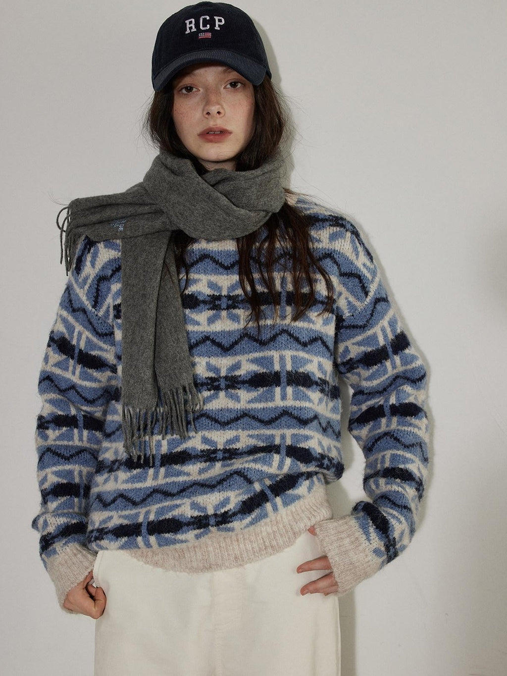 Lofi choose Thick Wool Blend Pullover Relaxed Fit Office Ready Crew Neck Blue Knitwear