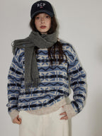Lofi choose Thick Wool Blend Pullover Relaxed Fit Office Ready Crew Neck Blue Knitwear