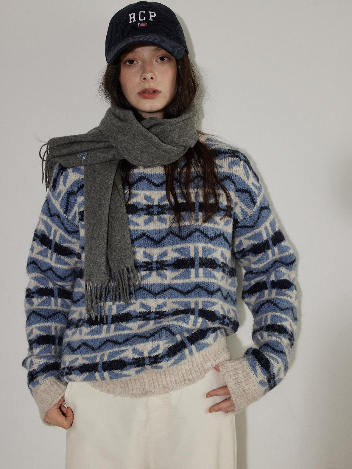 Lofi choose Thick Wool Blend Pullover Relaxed Fit Office Ready Crew Neck Blue Knitwear