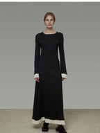 unspoken Slim Waist Colorblock Aline Knit Bell Sleeve Office Women Breathable Maxi Dresses